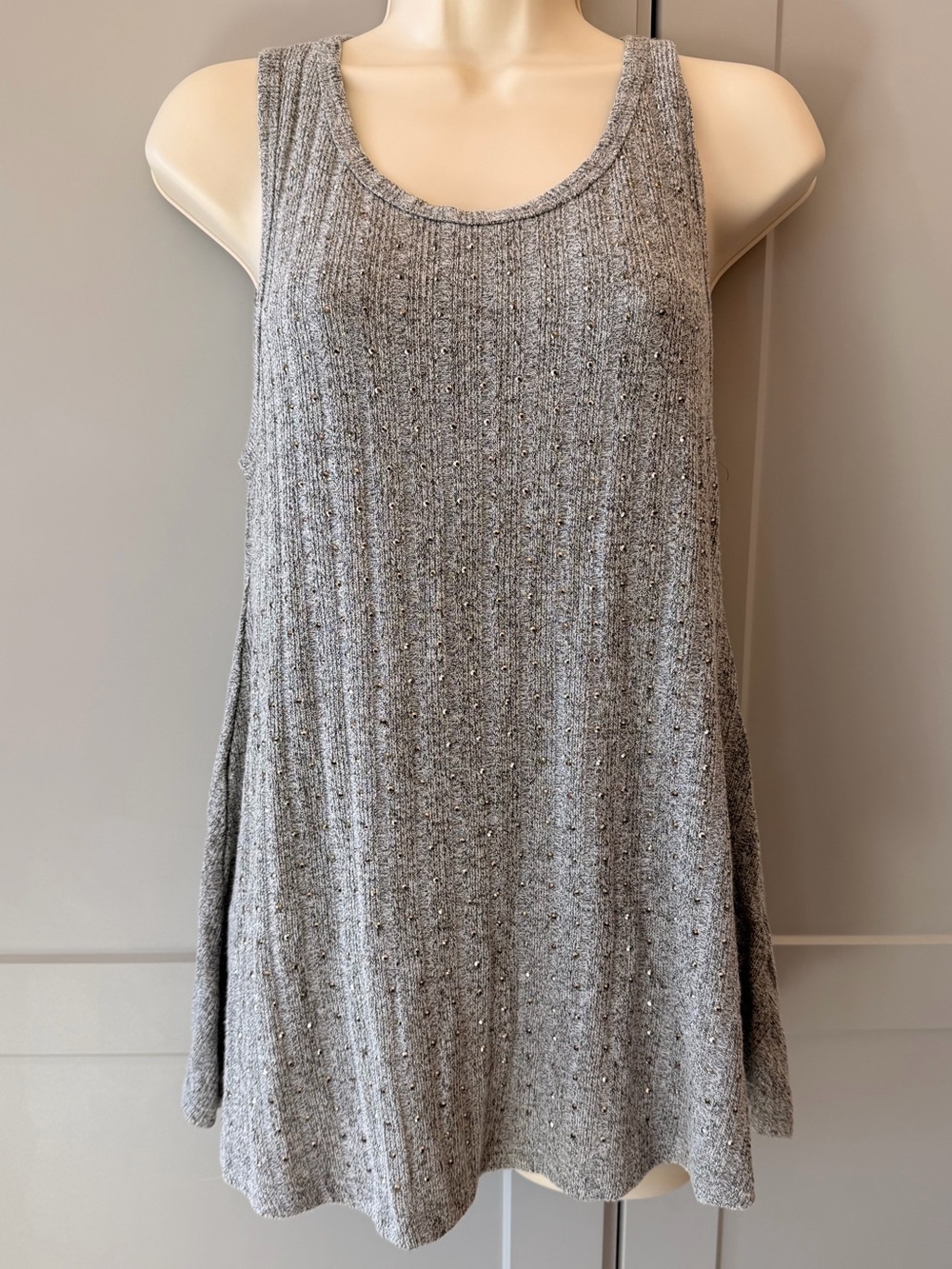 Vocal USA Gray Rhinestone Studded Ribbed Swing Tank Top Y2K Boho Size M